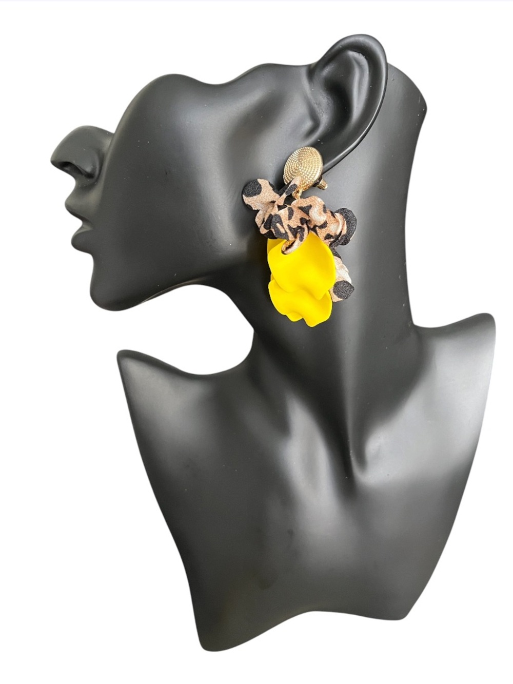 Yellow Floral Drop Earrings with Leopard Accents